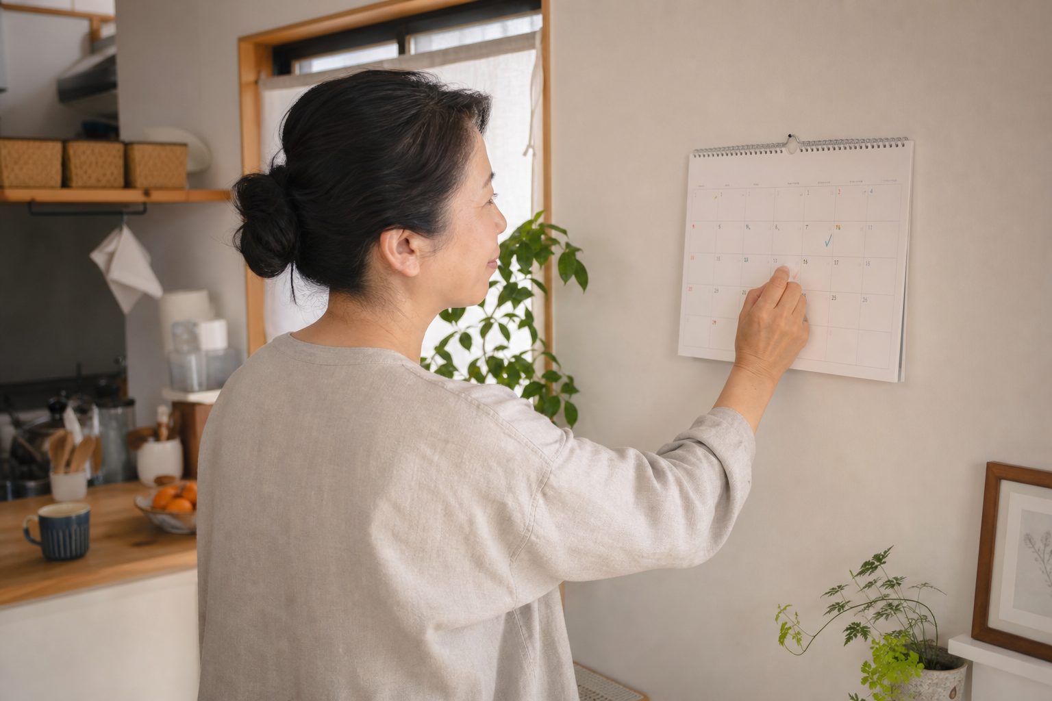 壁掛けカレンダーにチェックマークを付ける女性の後ろ姿（日々の実践の積み重ね）