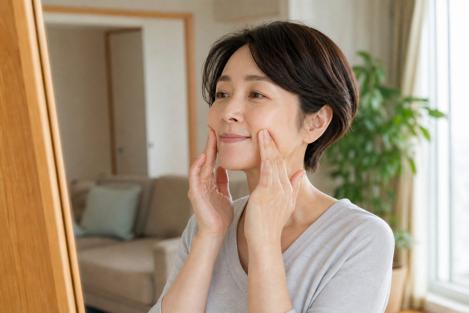 鏡の前で頬に指をあて、笑顔の技術を実践する女性